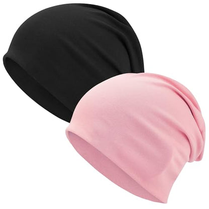 ROYBENS 100% Cotton T-Shirt Beanie for Women Men Slouchy Soft Skull Cap - color: 2pcs-black, Pink
