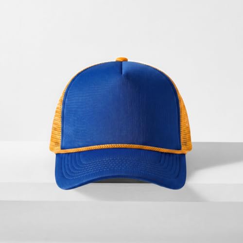 CHOK.LIDS Blank Foam Trucker Hat, Retro Mesh Rope Snapback Cap, Men Women - color: Curved Brim (Royal/Gold)
