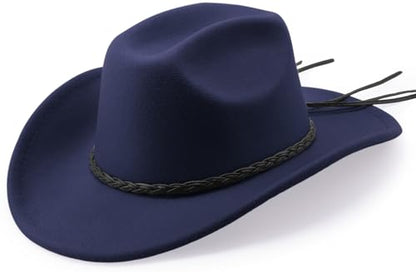 DRESHOW Western Cowboy Hat for Men Women Cowboy Cowgirl Hat Outdoor Wide Brim Retro Felt Fedora Hats Unisex Rolled up Caps - color: 1 Pack Style 9: Navy Blue With Braided Band