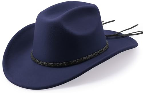 DRESHOW Western Cowboy Hat for Men Women Cowboy Cowgirl Hat Outdoor Wide Brim Retro Felt Fedora Hats Unisex Rolled up Caps - color: 1 Pack Style 9: Navy Blue With Braided Band