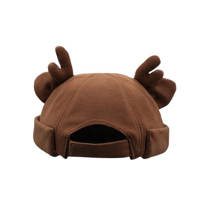 Beanie Hats for Women Men Brimless Skullcap Docker Cap with Reindeer Antlers Rolled Cuff Retro Adjustable Sailor Cap - color: Brick Red