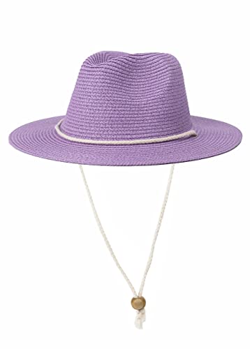 Women Straw Fedora Hat Summer Panama Beach Sun Hats UV UPF50+ Cap - color: Purple
