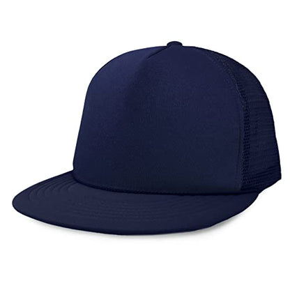 DALIX Flat Billed Trucker Hat Mesh Back S M L Adjustable Cap Solid Two Toned Snapback - color: Navy Blue, size: One Size