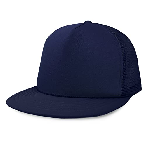 DALIX Flat Billed Trucker Hat Mesh Back S M L Adjustable Cap Solid Two Toned Snapback - color: Navy Blue, size: One Size