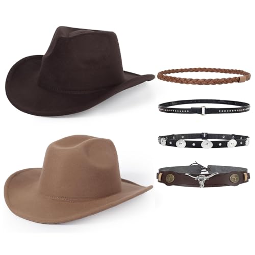2 Pack Western Cowboy Hats for Women Men 2 Different hat Bands - color: Khaki+coffee