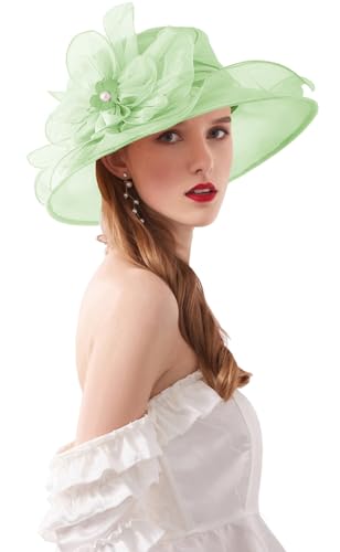 Women's Kentucky Derby Church Dress Hat Wide Brim Leaf Flower Bridal Shower Hat - color: T1 Green