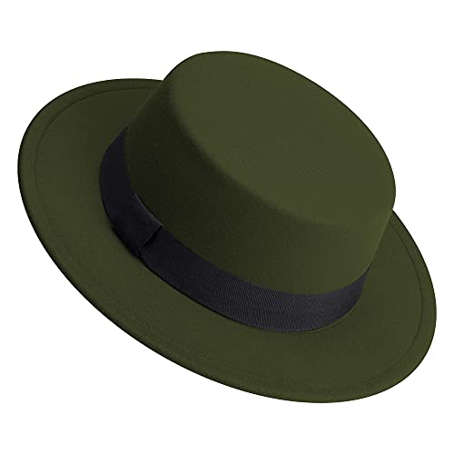 Classic Fedora Hat Flat Top Hat Felt Pork Pie Hat Wide Brim Church Derby Cap for Women and Men - color: Army Green