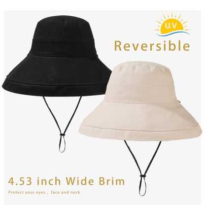 vidsel Womens Sun Hats Wide Brim Reversible Bucket Cotton Hat with Hat Clip - color: Medium-black+beige, size: Medium