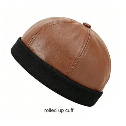 Unisex Faux Leather Docker Cap Brimless Leon Hat Skull Cap Beanie for Men Women - color: Brown