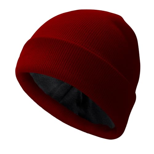 PFFY Beanie for Men Women Unisex Knit Cuffed Winter Thick Lined Beanies Hat - color: Pure Winered