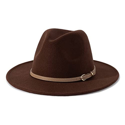 Lisianthus Women Classic Felt Fedora Wide Brim Hat with Belt Buckle - color: Coffee
