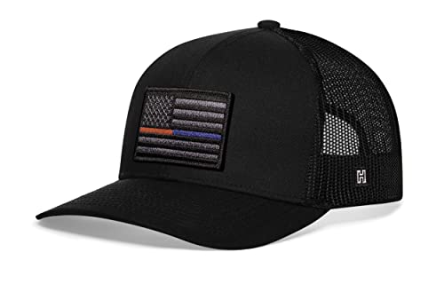 HAKA American Flag Hat | USA Mesh Trucker Snapback Comfort Baseball Cap - color: Black, style: Thin Red & Blue Line (Grey Stripes)