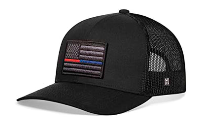 HAKA American Flag Hat | USA Mesh Trucker Snapback Comfort Baseball Cap - color: Black, style: Thin Red & Blue Line (Grey Stripes)