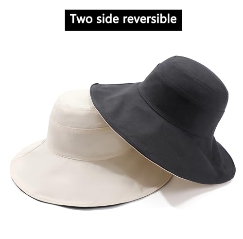 Womens Foldable Shapeable Brim Sun Hat UPF 50+ Cotton Wide Brim Beach Adjustable Chin Strap Hat Sun Protection Cap - color: Black