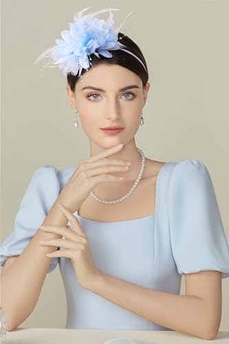 BABEYOND Flower Feather Beads Fascinator Headband for Women Derby Headpiece - color: Light Blue
