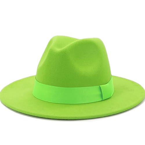 Men's Women's Wide Brim Fedora Hats with Ribbon Panama Felt Cap, British Style Vintage Flat Brimmed Jazz Hat - color: Lime Green