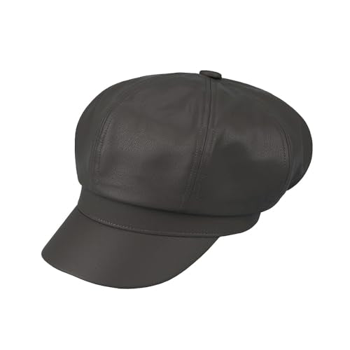 C.C Knitted Newsboy Cap for Women – Soft Knit Hat with Adjustable Velcro, Lightweight Warm Winter Style - color: Faux Leather-gery Brown