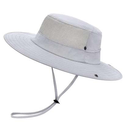 Cooling Sun Bucket Hat, UPF 50+ Wide Brim Boonie Hat with Ponytail Hole - color: 01 Light Grey