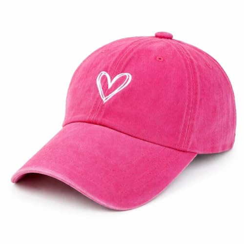 Unisex Vintage Baseball Cap: Washed Distressed Baseball Cap Twill - Men Womens Trucker Hat - Adjustable Dad Hat - color: Peach Red White Heart