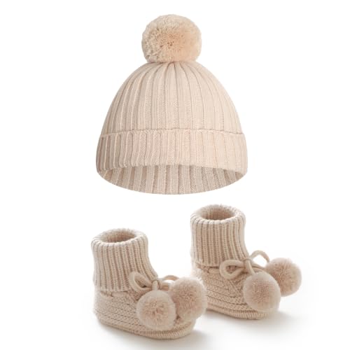 Baby Hats and Booties Set Newborn Knit Pompom Beanie Caps Shoes Winter - color: Beige