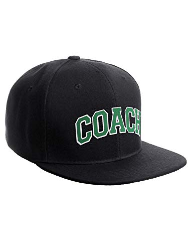 Original Team Coach Snapback Hat Classic Layered Arched Letters Flat Bill Cap - color: Black Hat White Green Letters