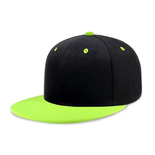 CHOK.LIDS Classic Snapback Flat Bill Hat Blank Adjustable Baseball Cap - color: Black/Neon Green