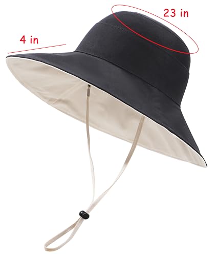 Womens Foldable Shapeable Brim Sun Hat UPF 50+ Cotton Wide Brim Beach Adjustable Chin Strap Hat Sun Protection Cap - color: Black