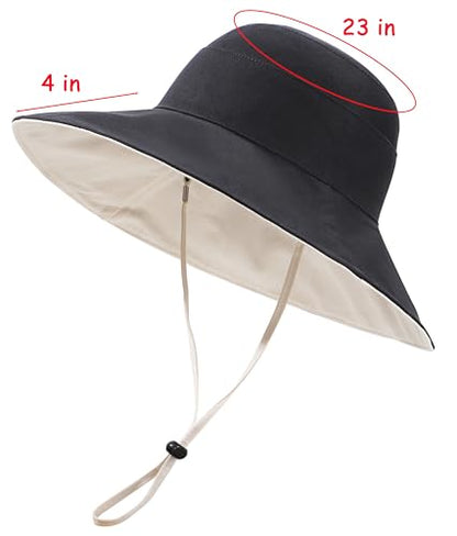 Womens Foldable Shapeable Brim Sun Hat UPF 50+ Cotton Wide Brim Beach Adjustable Chin Strap Hat Sun Protection Cap - color: Black