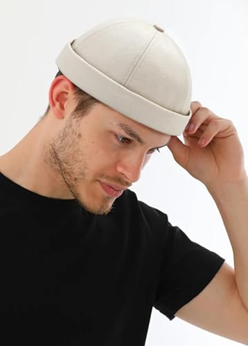 2 Pcs Mens Brimless Docker Cap Set - Retro Worker Sailor Skull Cap Beanie with Rolled Cuff - color: Beige