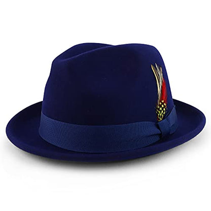 Armycrew Classic 100% Wool Felt Fedora with Feather Fits Upto 2XL - color: Navy, size: X-Large