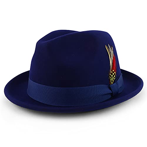Armycrew Classic 100% Wool Felt Fedora with Feather Fits Upto 2XL - color: Navy, size: X-Large