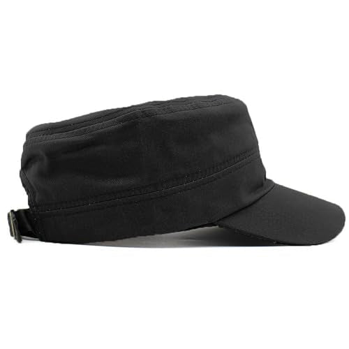 Cadet Army Cap Military Style Adjustable Flat Top Cap Unisex Basic Baseball Hat for Men Women - color: Black