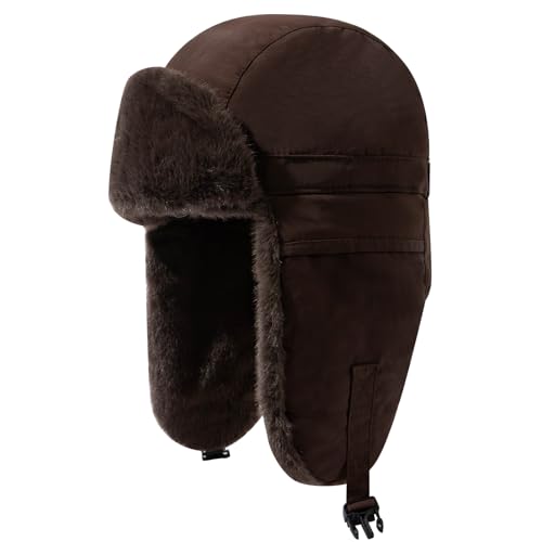 CLAPE Women Waterproof Warm Winter Hat, Soft Faux Fur Trapper Hat w/Ear Flaps, Men Outdoor Hunting Ushanka Russian Hats - color: Pl2411-dark Brown