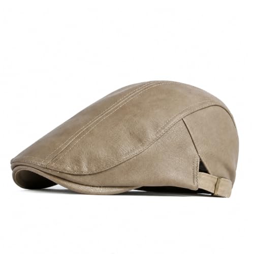 meioro Men's Leather Newsboy Hat Adjustable Flat Cap Classic Golf Newsboy Cap Gatsby Ivy Caps Driving Fishing Beret Hats - color: Khaki