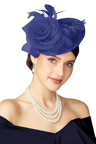 BABEYOND Fascinators Hats for Women Tea Party Mesh Flower Pillbox Derby Hat - color: Navy Blue