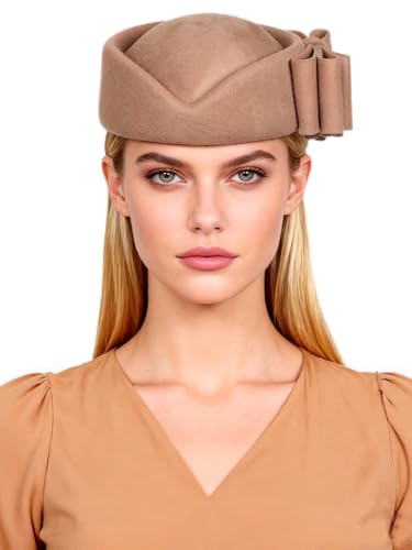 HIMESPORT Wool Felt Bowler Fascinators Hats for Women Ladies Female Elegant Wedding Tea Party Beret Hat with Bowknot - color: Khaki