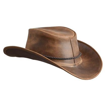 Sidewinder Mens Cowboy Leather Hat Western Style Unisex Shapeable Outback Classic Braided Hatband - color: Tan, size: Large