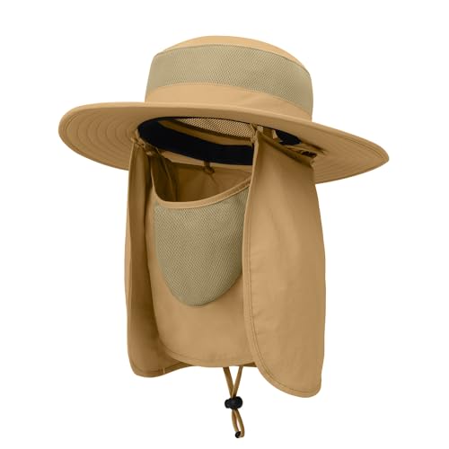 Outdoor Sun Hat UPF 50 Protection Waterproof Fishing hat Face Cover Summer Neck Flap Hat - color: Khaki Pro
