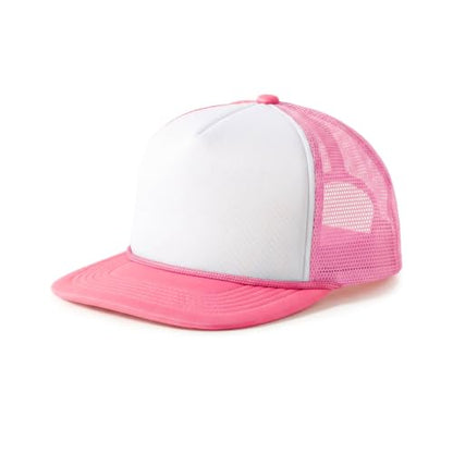 CHOK.LIDS Blank Foam Trucker Hat, Retro Mesh Rope Snapback Cap, Men Women - color: Flat Brim (White/Light Pink)