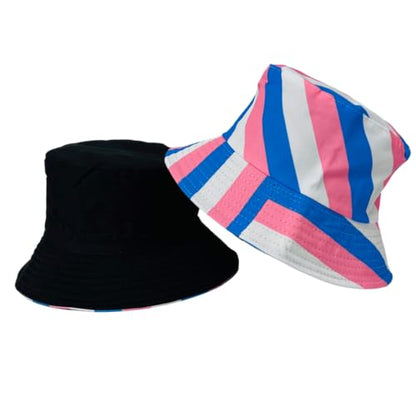 Pride Unisex Bucket Hat Reversible Double-Side-Wear Packable for Travel, Outdoors, and Beach - color: Pink/Blue/White Stripes