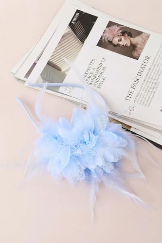 BABEYOND Flower Feather Beads Fascinator Headband for Women Derby Headpiece - color: Light Blue