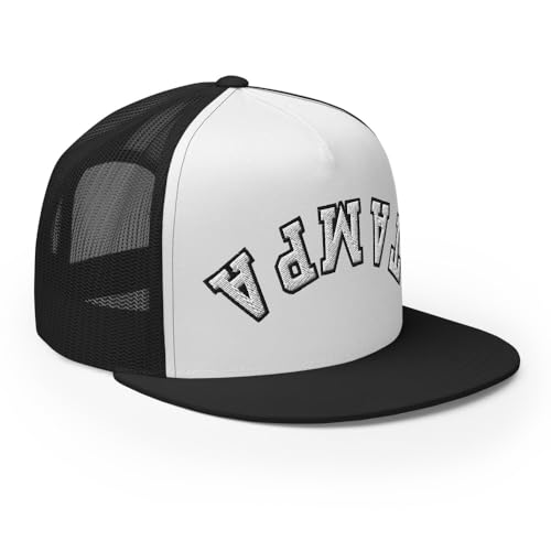 NX Upside Down Tampa Embroidered Flat Bill Trucker Hat High Crown Snapback Cap - color: Black/ White/ Black