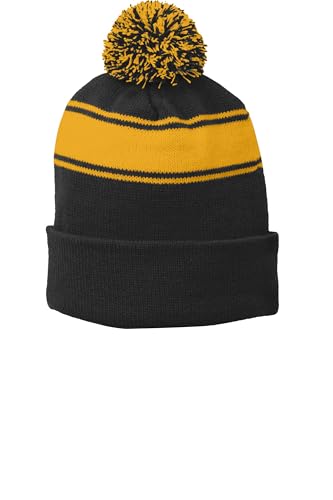 SPORT-TEK Unisex Stripe Pom Pom Beanie | Cuffed Beanie Hat for Men & Women, Cozy Knit with Oversized Pom Black/Gold