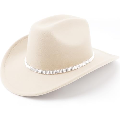 Western Cowboy Hats for Women Classic Felt Wide Brim Fedora Hat with Belt Buckle Retro Panama Hat Unisex Rolled up Cap - color: 1 Pack : Beige With 3 Rhinestones Bands