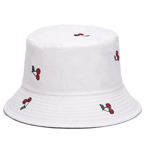 Reversible Bucket Hat for Women Summer Travel Fisherman Cap, Girls Cute Double Side Wear Bucket Cap - color: Cherry Black White