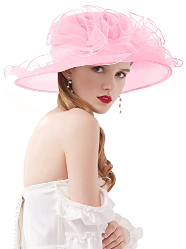 Women's Kentucky Derby Church Dress Hat Wide Brim Leaf Flower Bridal Shower Hat - color: G5 Pink