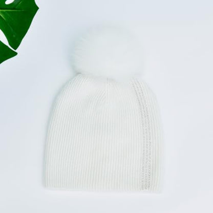 Women's Knitted Angora Wool Hat for Autumn and Winter Warm and Stylish with Rolled Brim and Slanted Rhinestones Cap - color: A-white