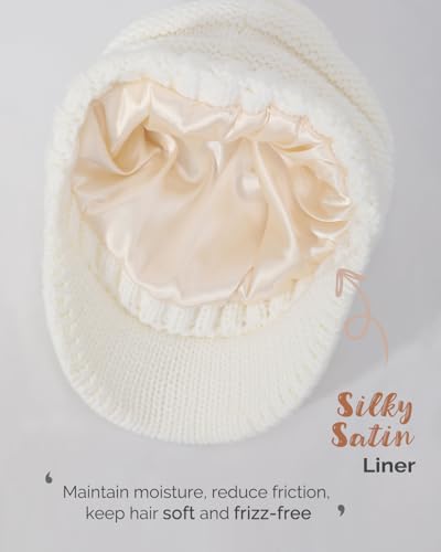 Hat Hut Beanie Hats for Women Men Satin Lined Winter Hats for Women Slouchy Beanies Satin Lined Beanie with Brim Visor - color: White