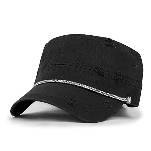 ililily Rhinestone Cotton Cadet Cap Vintage Distressed Cotton Military Army Hat - color: Black_lined