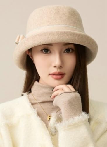 Women Vintage Felt Cloche Hats Winter Fall Solid Fedora Bucket Caps Elegant Bowler Hat Bowknot - color: Beige